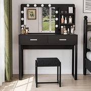 Vanity Desk with Mirror, With Chair and 10 LED Lights, with 2 Big Drawers and Side Shelves for Storage-GCC Home Center